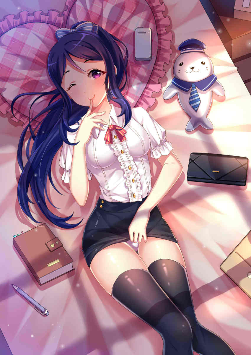10s 1girl :3 absurdres bag bed black_skirt black_thighhighs blue_bow blue_hair blue_hat blush book bookmark bow breasts buttons cellphone center_frills clothes_lift collared_shirt dress_shirt female_focus finger_to_mouth frilled_pillow frills from_above hair_bow handbag hat heart heart-shaped_pillow high_ponytail highres knees_together_feet_apart light_particles long_hair looking_at_viewer love_live! love_live!_school_idol_festival love_live!_sunshine!! lying matsuura_kanan medium_breasts necktie on_back on_bed one_eye_closed panties pencil pencil_skirt phone pillow ponytail purple_eyes red_ribbon ribbon sailor_collar sailor_hat sannio seductive_smile shadow shirt short_sleeves skirt skirt_lift smartphone smile solo striped_bow striped_necktie striped_neckwear striped_ribbon stuffed_animal stuffed_toy sunlight thighhighs thighs tsurime underwear white_panties white_shirt window_shadow