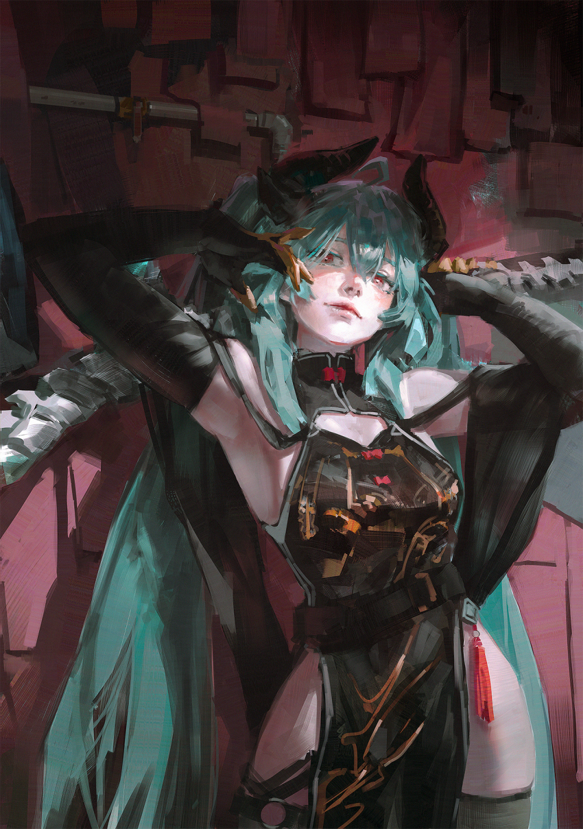 1girl above_cleavage_cutout ahoge aqua_hair armpits bare_shoulders belt black_belt black_gloves black_horns black_thighhighs borrowed_character bow bowtie breasts china_dress chinese_clothes closed_mouth colored_eyelashes commission cowboy_shot double-parted_bangs dress elbow_gloves fingerless_gloves gloves grey_trim hands_up highres horns light_smile lips long_hair mandarin_collar morello_(morellostorment) no_lineart nose o-ring o-ring_thigh_strap original painterly pale_skin pluvium_grandis print_dress realistic red_bow red_bowtie red_eyes shadow sideboob small_breasts solo standing tassel thigh_strap thighhighs thighs twintails very_long_hair