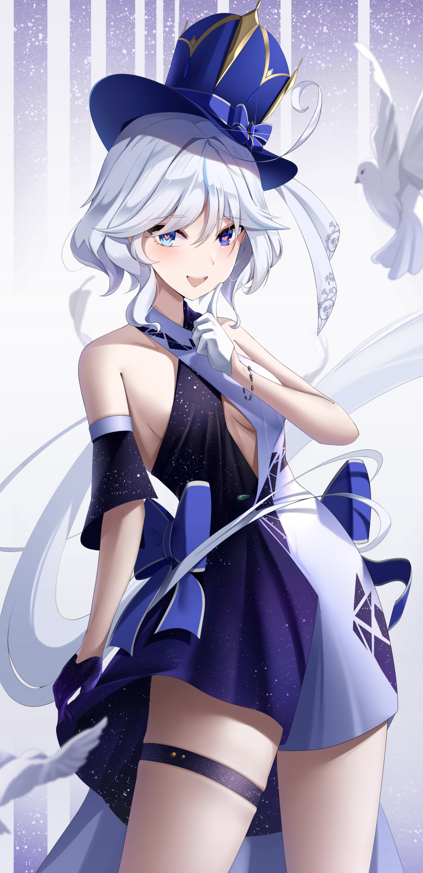 1girl absurdres blue_eyes blue_hair dress furina_(genshin_impact) genshin_impact gloves highres light_blue_hair long_hair looking_at_viewer open_mouth smile solo winterlime12