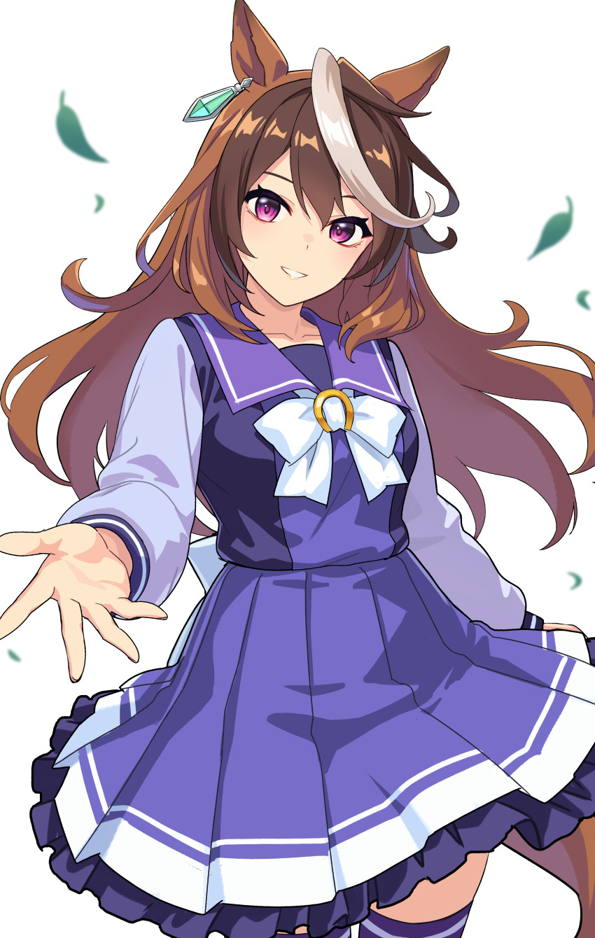 1girl absurdres animal_ears blue_skirt blue_thighhighs brown_hair commentary_request highres horse_ears horse_girl horse_tail long_hair looking_at_viewer multicolored_hair purple_eyes reibun_(raven1119) school_uniform simple_background skirt smile solo symboli_rudolf_(umamusume) tail thighhighs tracen_school_uniform umamusume white_background white_hair zettai_ryouiki