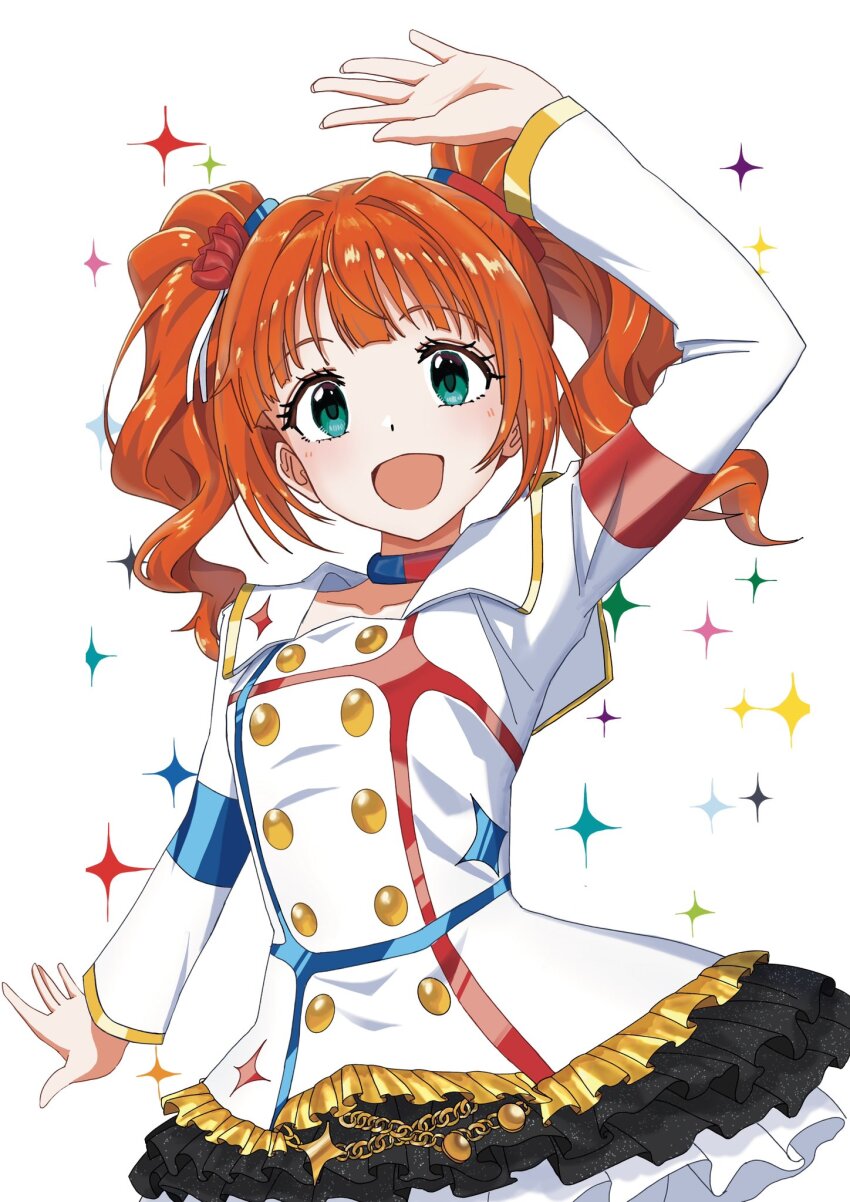 1girl :d aqua_eyes black_skirt blunt_bangs buttons coat collarbone cowboy_shot dorsiflexion_(wrist) double-breasted drill_hair eyelashes flower frilled_skirt frills gold_trim hair_flower hair_ornament highres hoshii_mikage idolmaster idolmaster_(classic) idolmaster_million_live! idolmaster_million_live!_theater_days layered_skirt light_blush looking_at_viewer medium_hair multicolored_collar open_mouth orange_hair skirt smile solo sparkle starpiece_memories_(idolmaster) takatsuki_yayoi twin_drills twintails waving wavy_hair white_background white_coat white_skirt