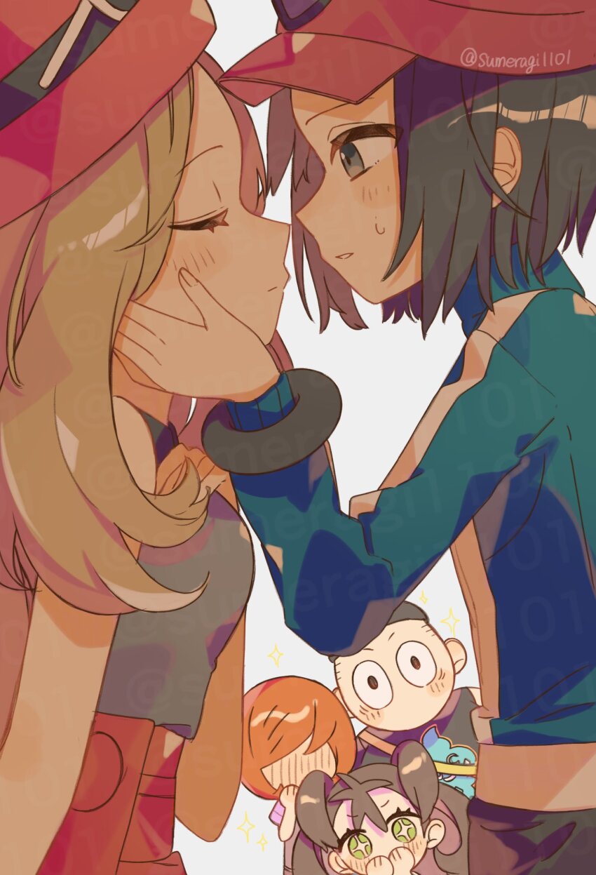 +_+ 2girls 3boys black-framed_eyewear black_hair black_shirt blonde_hair blue_jacket blush breasts brown_hair calem_(pokemon) closed_eyes commentary_request eyewear_on_headwear from_side grey_eyes hands_on_another&#039;s_face hat hetero highres imminent_kiss jacket long_hair long_sleeves multiple_boys multiple_girls nintendo orange_hair pokemon pokemon_xy red_hat serena_(pokemon) shauna_(pokemon) shirt short_hair simple_background sleeveless sleeveless_shirt small_breasts sparkle sumeragi1101 sweat sweatdrop tierno_(pokemon) trevor_(pokemon) twitter_username white-framed_eyewear white_background
