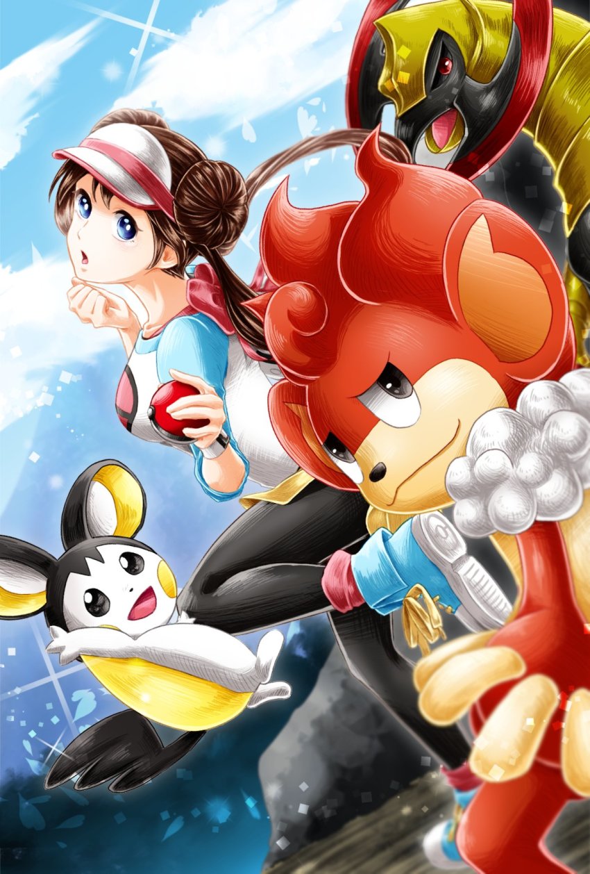 1girl black_eyes black_pantyhose blue_eyes blue_footwear blurry bow breasts brown_hair clenched_hand cloud collarbone commentary_request day double_bun emolga gen_5_pokemon glint hair_bun haxorus head_tilt highres holding holding_poke_ball large_breasts long_hair looking_at_viewer looking_back nintendo open_mouth pantyhose pantyhose_under_shorts petals pink_bow poke_ball poke_ball_(basic) poke_ball_print pokemon pokemon_(creature) pokemon_bw2 raglan_sleeves red_eyes rosa_(pokemon) shoes short_shorts shorts simisear sky sneakers standing standing_on_one_leg twintails very_long_hair visor_cap watch wristwatch yellow_shorts yukitsugu_create