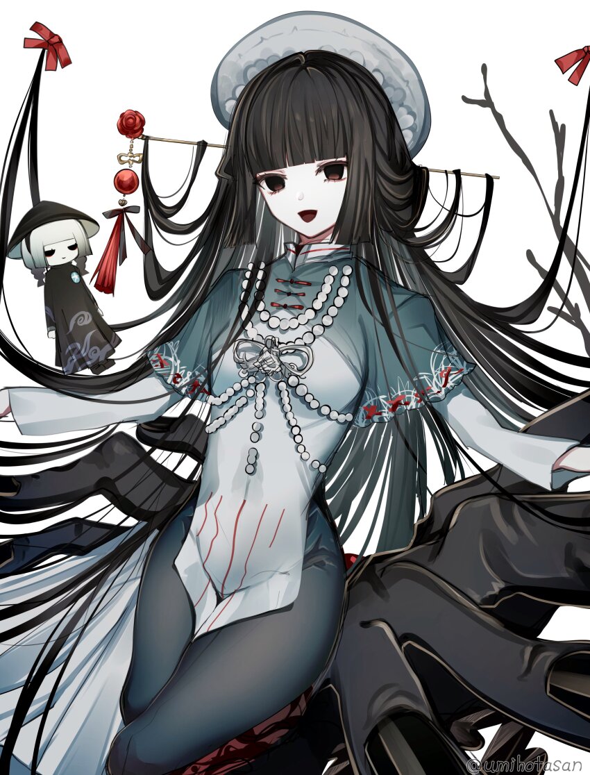 1girl absurdres black_eyes black_hair blunt_bangs character_doll doll dress fate/grand_order fate_(series) giant_hand hair_ornament hairpin hat highres hime_cut komahime_(fate) long_hair long_sleeves looking_at_viewer official_alternate_costume pantyhose sen_no_rikyu_(fate) smile solo umihotasan very_long_hair