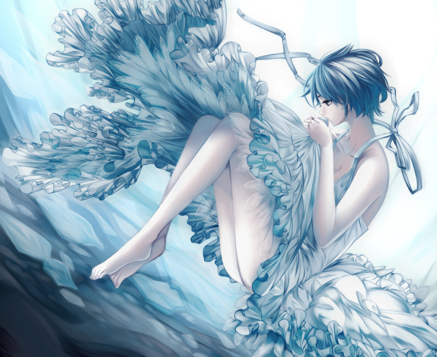 1girl barefoot biting blue_eyes blue_hair dress female_focus frills legs matching_hair/eyes olmatown original short_hair solo too_many