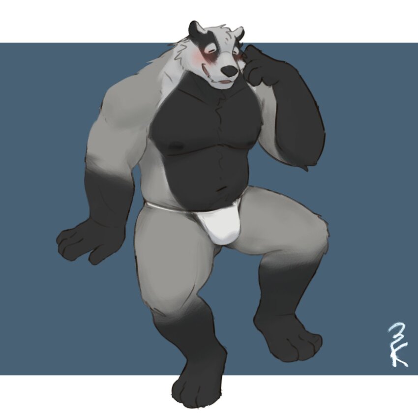 1boy bara barefoot belly blush bulge closed_eyes commentary english_commentary fundoshi furry furry_male highres japanese_clothes male_focus muscular muscular_male navel nikolai_krol_(the_smoke_room) nipples pectorals pucupaka scratching_cheek sitting smile the_smoke_room topless_male