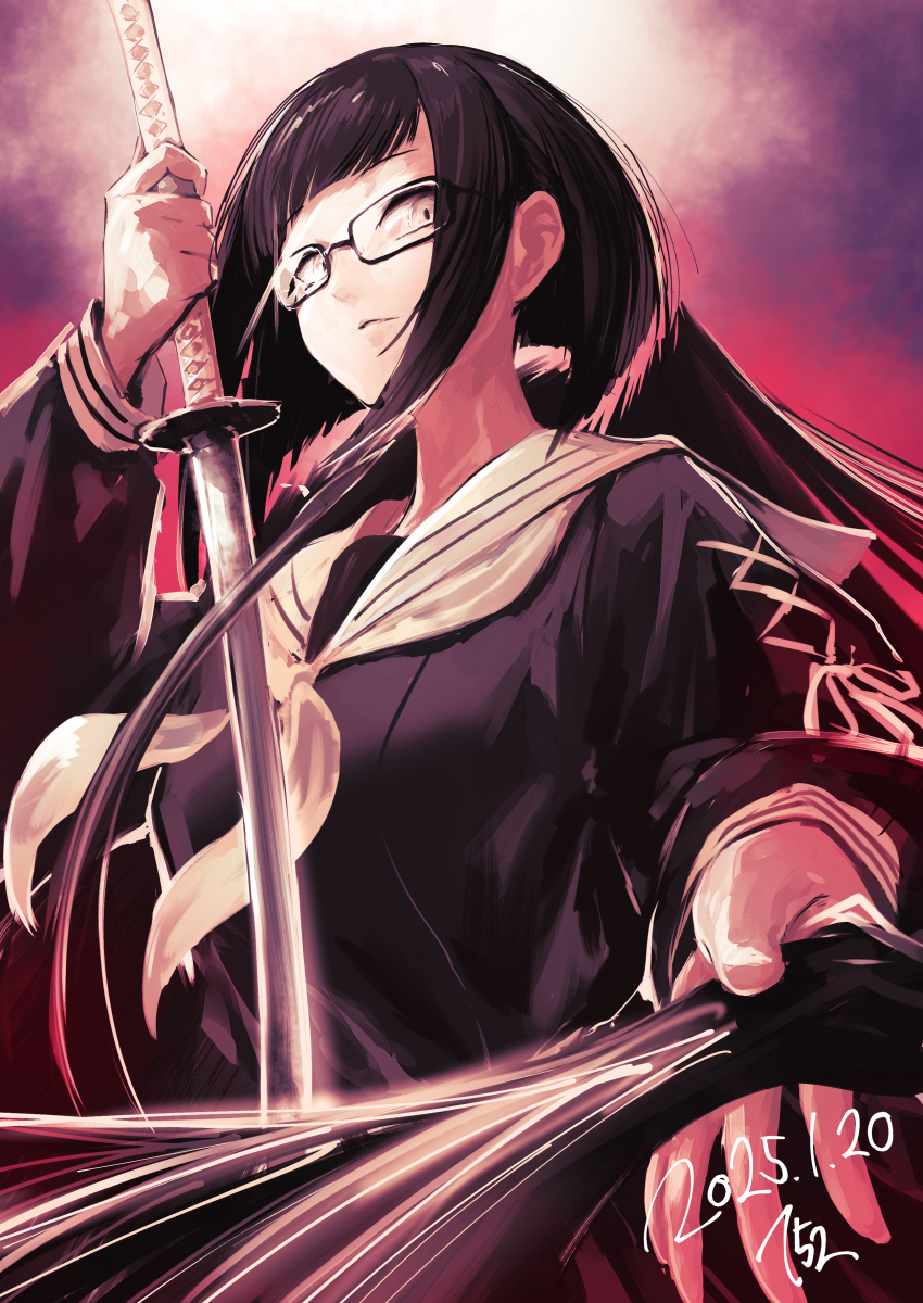 152_in_can 1girl absurdres black_serafuku black_shirt cross-laced_clothes cross-laced_sleeves fate/grand_order fate_(series) glasses grey_eyes highres katana kurohime_(fate) long_hair long_sleeves looking_at_viewer neckerchief rectangular_eyewear sailor_collar school_uniform serafuku severed_hair shirt sidelocks solo sword weapon white_neckerchief white_sailor_collar