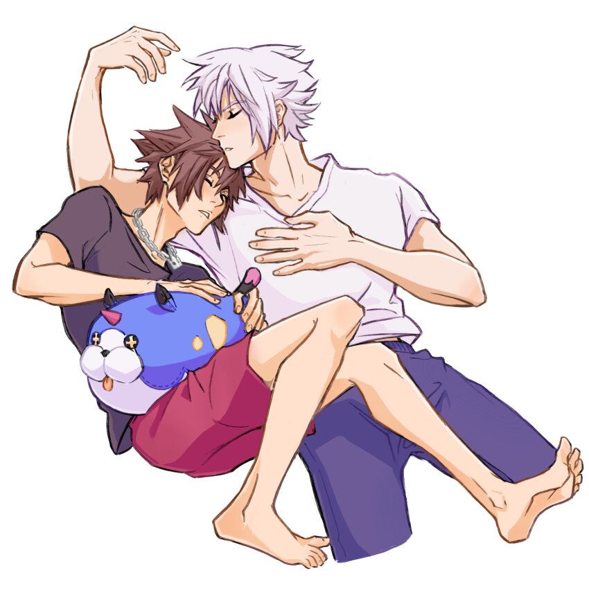 2boys arm_up barefoot black_shirt blue_pants brown_hair closed_mouth commentary crew_neck cropped_legs crown_necklace hair_between_eyes hashtag-only_commentary highres jewelry kingdom_hearts kingdom_hearts_3d:_dream_drop_distance lying male_focus melasyj multiple_boys necklace on_back on_lap on_side pants parted_lips red_shorts riku_(kingdom_hearts) shirt short_sleeves shorts simple_background sleeping sora_(kingdom_hearts) teeth white_background white_hair wondernyan_(kingdom_hearts)