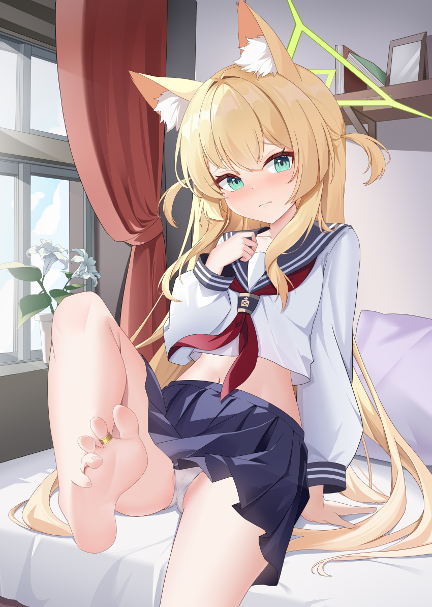 1girl 3: absurdres animal_ear_fluff animal_ears arm_support barefoot beiyong_fadian_ji black_sailor_collar black_skirt blonde_hair blue_archive blush cameltoe chinese_commentary closed_mouth commentary_request day feet foot_up fox_ears fox_girl furrowed_brow green_eyes green_halo hair_between_eyes hair_intakes halo hand_up highres indoors jewelry kurumi_(blue_archive) leaning_back long_hair long_sleeves midriff miniskirt navel neckerchief on_bed panties pleated_skirt red_neckerchief sailor_collar school_uniform serafuku shirt shy sidelighting sidelocks sitting skirt soles solo straight_hair thighs toe_ring toes two_side_up underwear very_long_hair white_panties white_shirt window