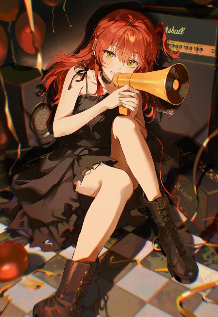 1girl absurdres amplifier black_bow black_dress bocchi_the_rock! bow confetti dress green_eyes highres holding holding_megaphone kita_ikuyo long_hair looking_at_viewer marshall_amplification megaphone one_side_up open_mouth pong_(pong_o0) red_hair sidelocks solo spaghetti_strap