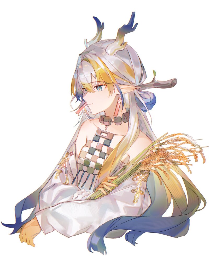 1girl arknights bare_shoulders blonde_hair blue_eyes blue_hair closed_mouth cnsmsoup colored_extremities commentary cropped_torso dragon_girl dragon_horns earrings english_commentary hair_between_eyes highres holding holding_plant horns jacket jewelry long_hair long_sleeves looking_down multicolored_hair necklace off_shoulder plant pointy_ears profile shu_(arknights) simple_background smile solo wheat white_background white_hair white_jacket