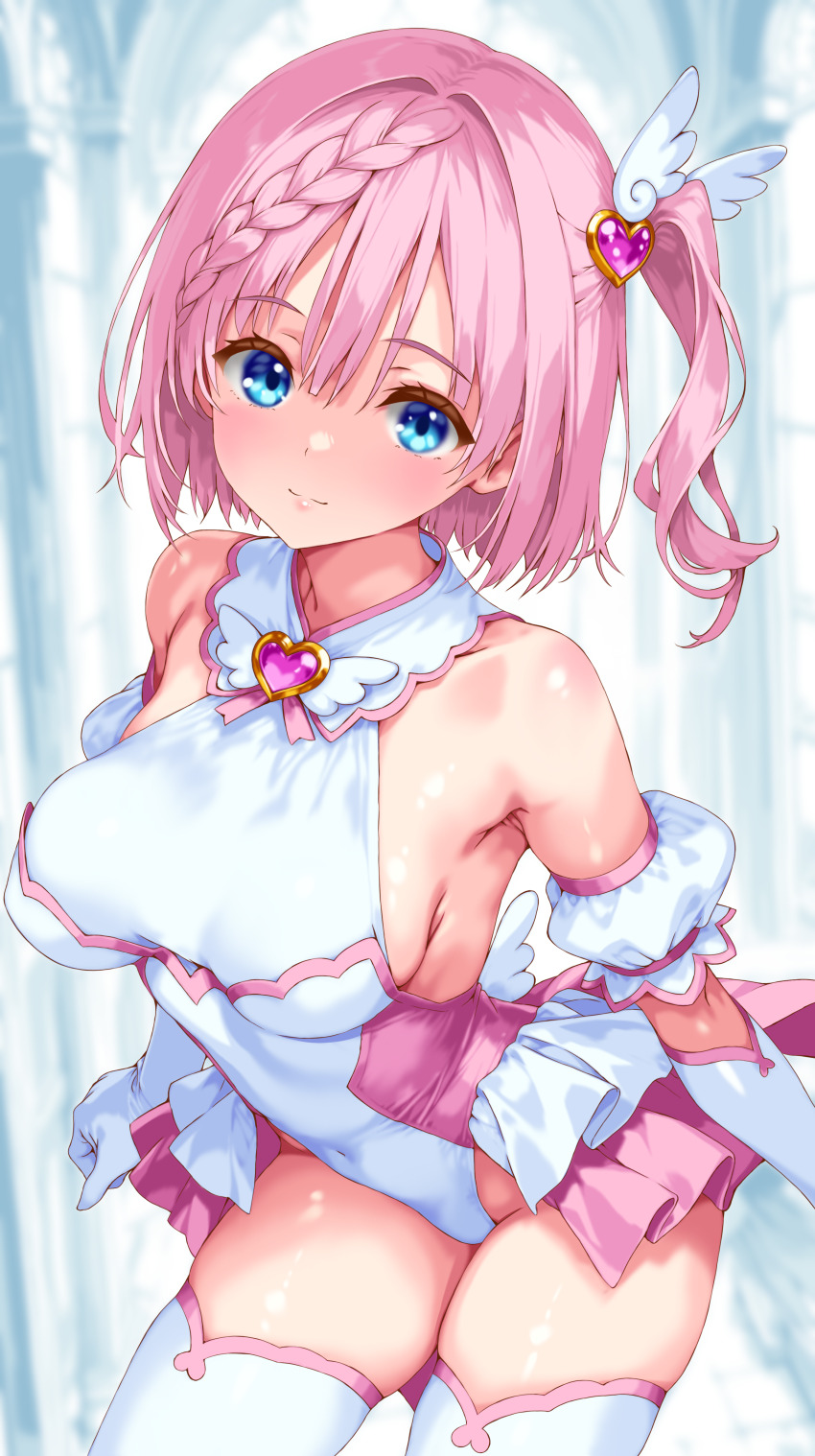 1girl absurdres bare_shoulders blue_eyes braid breasts closed_mouth commentary_request covered_navel cowboy_shot gloves hair_ornament heart heart_hair_ornament highres iwato_(celler) leotard looking_at_viewer medium_breasts one_side_up original pink_hair short_hair showgirl_skirt solo thighhighs white_gloves white_leotard white_thighhighs