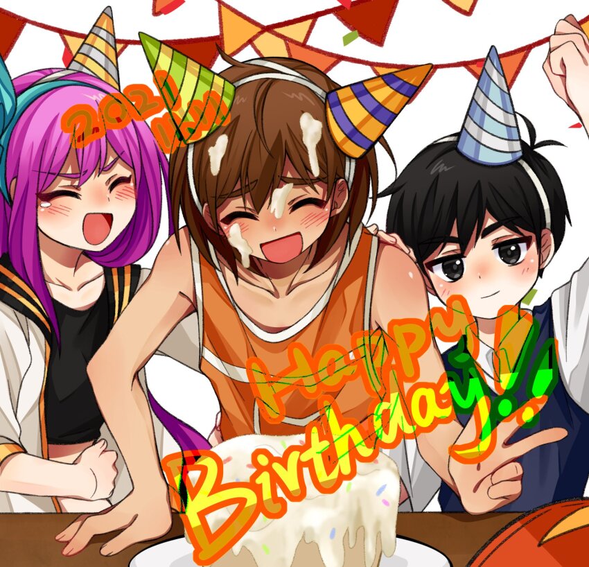 1girl 2021 2boys :d ^_^ arm_up aubrey_(faraway)_(omori) aubrey_(omori) bare_arms bare_shoulders black_eyes black_hair black_sailor_collar black_shirt black_sweater_vest blush brown_hair cake closed_eyes closed_mouth collarbone collared_shirt facing_another facing_viewer food food_on_face food_on_head hair_between_eyes hand_on_another&#039;s_shoulder hand_on_own_stomach happy_birthday hat highres jacket kel_(faraway)_(omori) kel_(omori) linglanjunying long_hair looking_at_viewer multiple_boys multiple_hats object_on_head omori open_clothes open_jacket open_mouth orange_tank_top party_hat plate sailor_collar shirt short_hair short_sleeves simple_background smile sprinkles sunny_(omori) sweater_vest table tank_top tongue v-shaped_eyebrows w white_background white_jacket white_shirt