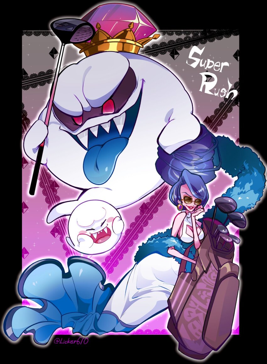 1girl :d ^_^ artist_name beehive_hairdo black_border blue_hair blue_tongue blush blush_stickers boo_tao_(genshin_impact) border closed_eyes colored_skin colored_tongue commentary_request crown dress earrings feather_boa gem genshin_impact ghost golf_bag golf_club gradient_background hand_up hellen_gravely highres holding holding_golf_club jewelry king_boo licker610 looking_at_viewer luigi&#039;s_mansion luigi&#039;s_mansion_3 mario_(series) mario_golf mario_golf:_super_rush nintendo open_mouth outside_border parted_bangs parted_lips purple_skin red_eyes red_gemstone sharp_teeth sidelocks sleeveless sleeveless_dress smile sunglasses swept_bangs teeth tongue tongue_out twitter_username v-shaped_eyebrows white_dress