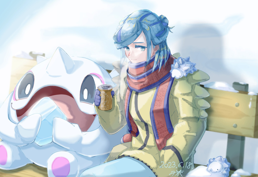 1boy bench blue_hair can cetoddle closed_mouth commentary_request dated gen_8_pokemon hand_in_pocket highres holding holding_can jacket long_sleeves male_focus mittens nintendo on_shoulder outdoors pants pokemon pokemon_(creature) pokemon_on_shoulder pokemon_sv scarf sideways_glance sitting smile snom snow striped_clothes striped_scarf wohana_(scrap_suikyo) yellow_jacket