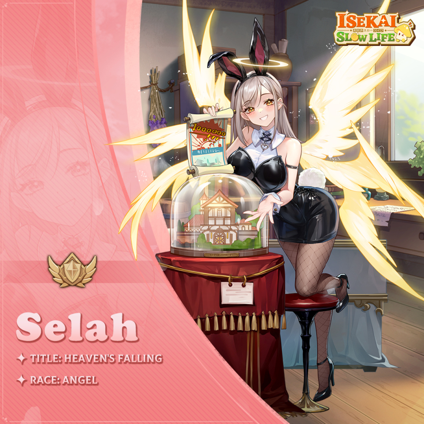 1girl angel angel_wings animal_ears armband artist_request black_armband black_dress black_footwear black_headband blush book breasts brown_hair character_name character_profile close-up desk doll_house dress fishnets flower foot_up glowing glowing_halo glowing_wings halo hands_up head_tilt headband heart high_heels holding holding_paper house indoors isekai:_slow_life large_breasts lavender_(flower) leaning_forward light_brown_hair long_hair mirror official_art open_mouth pantyhose paper plant purple_flower rabbit_ears rabbit_tail selah_(isekai:_slow_life) short_dress sign sleeveless smile stool tail teeth window wings wrist_cuffs yellow_eyes