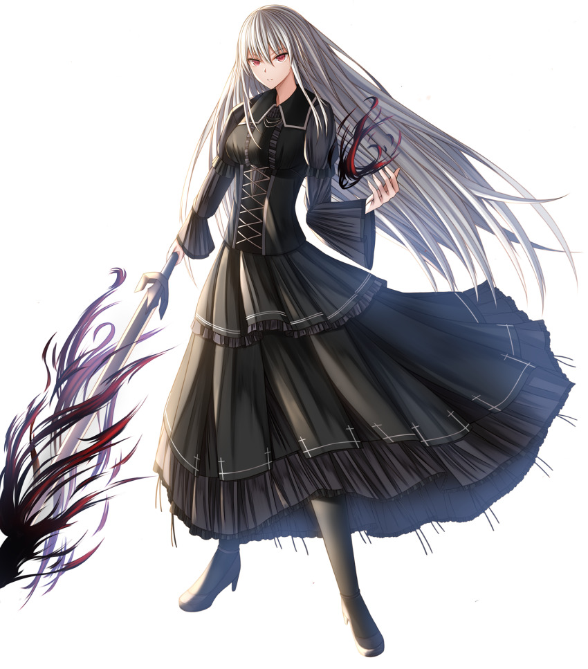 1girl black_corset black_dress black_socks corset dress full_body grey_hair high_heels highres holding holding_sword holding_weapon kanpyou_(hghgkenfany) layered_dress long_dress long_hair long_sleeves looking_at_viewer magic original parted_lips red_eyes shoes simple_background socks solo standing sword weapon white_background