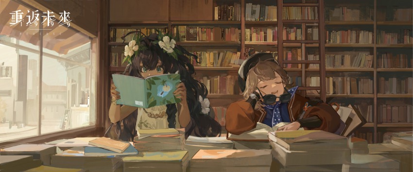 2girls ahoge backpack bag black_hair blue_dress blue_eyes blue_neckerchief book book_stack bookshelf bookstore brown_hair cabbie_hat closed_eyes copyright_name crooked_eyewear dark-skinned_female dark_skin day dress drooling elbow_rest fatutu flower hair_between_eyes hair_flower hair_ornament hand_on_own_cheek hand_on_own_face hands_up hat head_rest hibiscus highres holding holding_book indoors jacket jewelry ladder leaf_hair_ornament logo long_hair long_sleeves multiple_girls neckerchief necklace official_art open_bag open_book open_mouth picture_book polka_dot_neckerchief puffy_long_sleeves puffy_sleeves reading record_jacket red_jacket regulus_(reverse:1999) reverse:1999 shell shell_necklace shirt shop short_hair side-by-side sleeping sleeping_upright sunglasses upper_body watch wavy_hair white_flower white_shirt window wristwatch