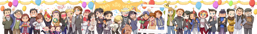10s 6+boys 6+girls :q ;d ^_^ absurdres alain_leroy backwards_hat balloon baseball_cap beard black_hair blonde_hair blue_eyes blush bow bowtie brown_eyes brown_hair cat celestino_cialdini cellphone christophe_giacometti closed_eyes dog emil_nekola everyone closed_eyes facial_hair fang flag formal_clothes georgi_popovich glasses green_eyes grey_eyes grin hair_bun hair_over_one_eye happy_new_year hat heart heart-shaped_eyes highres isabella_yang jacket japanese_clothes jean-jacques_leroy ji_guang-hong katsuki_hiroko katsuki_mari katsuki_toshiya katsuki_yuuri lee_seung-gil leo_de_la_iglesia lilia_baranovskaya long_image makkachin michele_crispino mila_babicheva minami_kenjirou morooka_hisashi multiple_boys multiple_girls necktie new_year nikolai_plisetsky nishigoori_axel nishigoori_loop nishigoori_lutz nishigoori_takeshi nishigoori_yuuko okukawa_minako one_eye_closed open_mouth otabek_altin party_hat phichit_chulanont phone ponytail purple_eyes red_hair sara_crispino scarf selfie selfie_stick silver_hair single_hair_bun smartphone smile suit tongue tongue_out track_jacket traditional_bowtie triplets twintails v viktor_nikiforov wide_image yakov_feltsman yuri!!!_on_ice yuri_plisetsky zhuo_mi