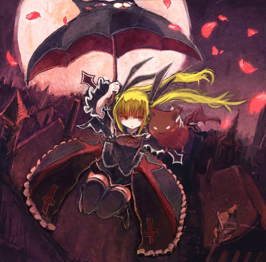 1girl :3 :p ashiyama_yoshinori bad_id bad_pixiv_id bat_(animal) black_dress black_ribbon blazblue blonde_hair blush_stickers bow building cat cross dress familiar female_focus frilled_dress frilled_sleeves frills full_moon gii gothic_lolita hair_ribbon highres holding holding_umbrella lamppost lolita_fashion long_hair long_sleeves moon nago night night_sky outdoors petals rachel_alucard red_bow red_eyes ribbon rooftop sky solo thighhighs tongue tongue_out town twintails umbrella zettai_ryouiki