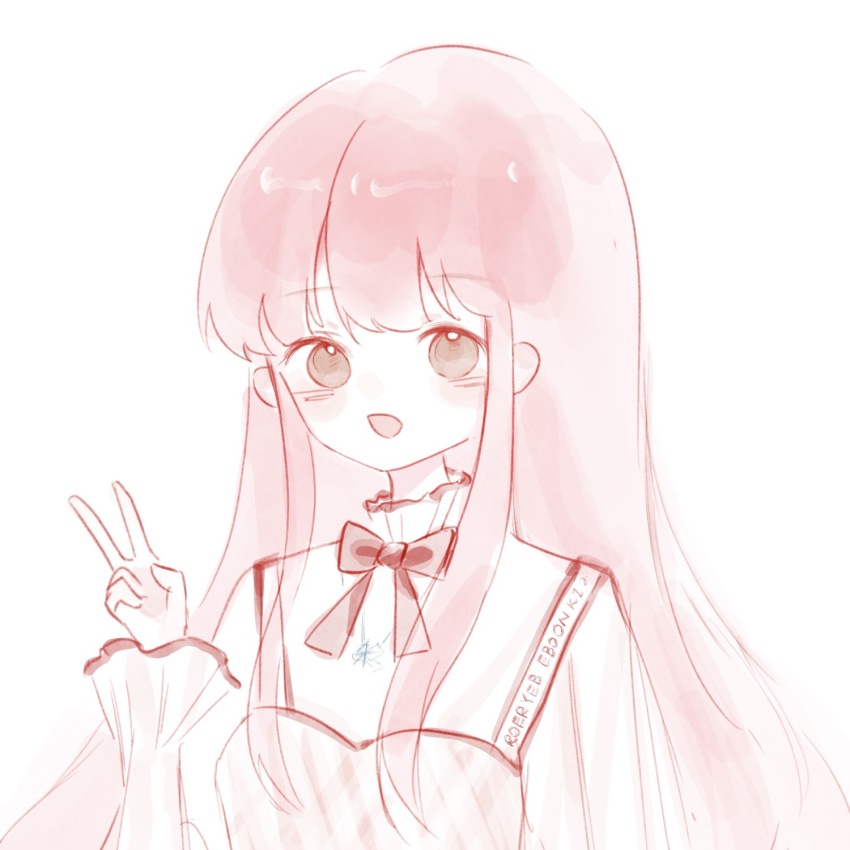 1girl bloom_poetry_(shining_nikki) blush_stickers bow bowtie brown_eyes clothes_writing collared_shirt double-parted_bangs dress eyelashes fanfanjiadeayuanjiang frilled_shirt_collar frilled_sleeves frills high_collar highres long_hair long_sleeves nikki_(nikki) nikki_(series) open_mouth pinafore_dress pink_dress pink_hair plaid_clothes plaid_dress red_bow red_bowtie shining_nikki shirt sidelocks simple_background sleeveless sleeveless_dress sleeves_past_wrists smile snowflake_necklace solo tareme upper_body v very_long_hair white_background white_shirt
