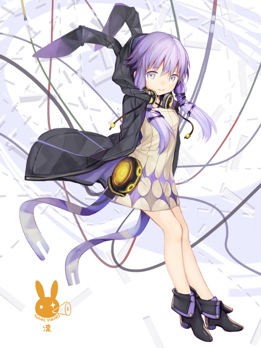 1girl animal_ears animal_print arms_behind_back black_jacket cable character_name commentary criss-cross_halter dress expressionless female_focus full_body hair_ribbon halterneck headphones headphones_around_neck highres jacket kari_kenji looking_at_viewer megaphone no_pants purple_eyes purple_hair rabbit_ears rabbit_print ribbon short_hair_with_long_locks sidelocks solo speaker sweater sweater_dress vocaloid yuzuki_yukari yuzuki_yukari_(lin)