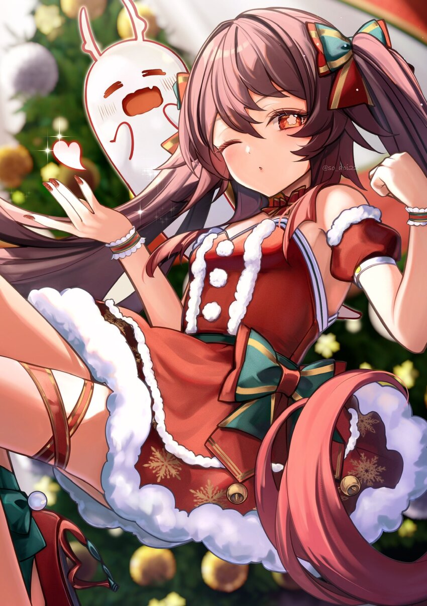1girl asahi_(vjss4548) blush boo_tao_(genshin_impact) brown_hair christmas fang flower-shaped_pupils genshin_impact highres hu_tao_(genshin_impact) long_hair nail_polish one_eye_closed red_eyes sidelocks symbol-shaped_pupils thighs twintails