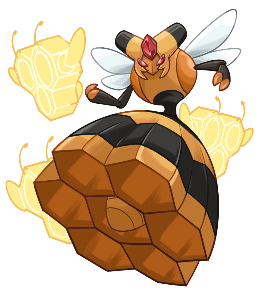 bright_pupils claws combee commentary_request full_body gem gen_4_pokemon hands_up highres looking_at_viewer nintendo no_humans pokemon pokemon_(creature) red_eyes red_gemstone transparent_background vespiquen yamaegom