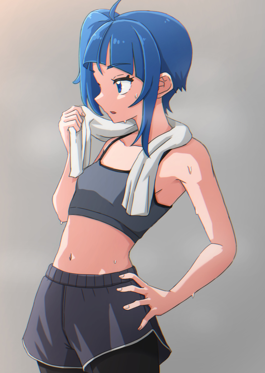 1girl absurdres black_pantyhose blue_hair breasts cut_bangs dolphin_shorts grey_background grey_shorts grey_sports_bra hakuino_hakase hand_on_own_hip highres hirogaru_sky!_precure medium_hair midriff navel open_mouth pantyhose pantyhose_under_shorts precure shorts side_ponytail single_sidelock small_breasts solo sora_harewataru sports_bra sportswear sweatdrop towel towel_around_neck wiping_sweat
