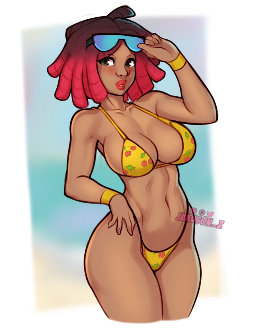 1girl 2021 bikini breasts cherry_hunter cleavage curvy dark-skinned_female dark_skin female_focus highres jakuson_z large_breasts sega solo streets_of_rage streets_of_rage_4 swimsuit tagme wide_hips