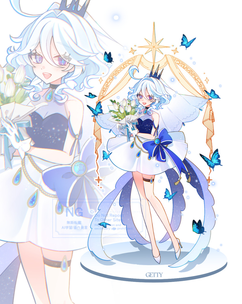 1girl ahoge alternate_costume artist_name bare_shoulders blue_eyes blue_hair bouquet bridal_veil bug butterfly dress drop-shaped_pupils flower furina_(genshin_impact) genshin_impact getty-gy gloves heterochromia highres holding holding_bouquet insect mismatched_pupils multicolored_hair sleeveless sleeveless_dress solo streaked_hair symbol-shaped_pupils thigh_strap tiara veil wedding_dress white_gloves