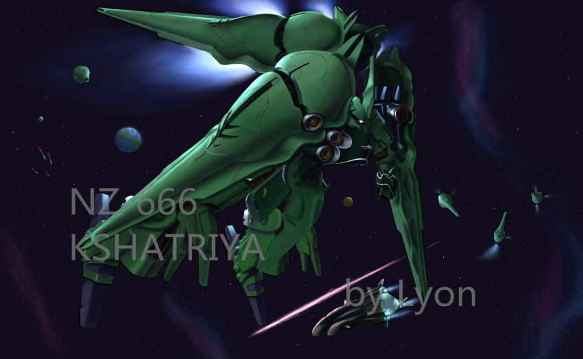 absurdres beam_cannon character_name commentary english_commentary funnels_(gundam) gundam gundam_unicorn highres kshatriya lynx_lyn_58 machinery mecha mecha_focus mobile_armor nebula neo_zeon no_humans robot science_fiction signature space star_(symbol) star_symbol_background thrusters