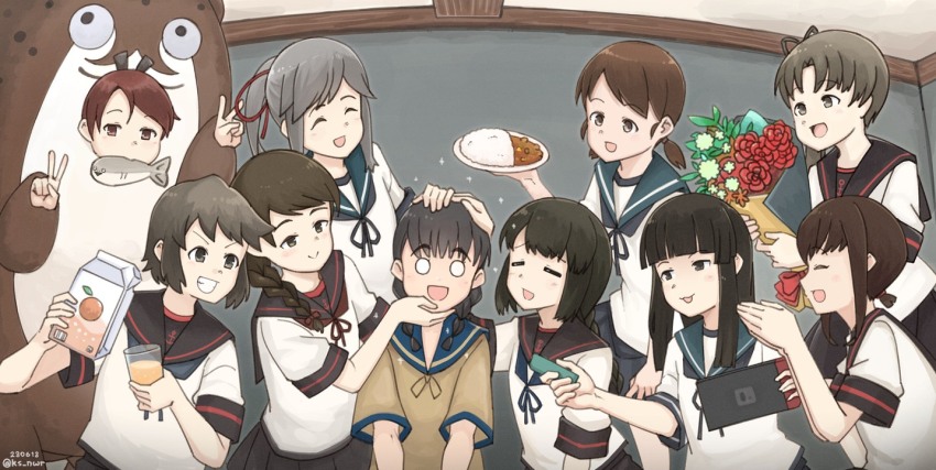 animal_costume ayanami_(kancolle) ayanami_kai_ni_(kancolle) bokukawauso bouquet creator_connection curry flower food fubuki_(kancolle) fubuki_kai_ni_(kancolle) grin handheld_game_console hatsuyuki_(kancolle) holding holding_handheld_game_console isonami_(kancolle) isonami_kai_ni_(kancolle) juice kantai_collection landing_ship_no._101_(kancolle) long_hair miyuki_(kancolle) miyuki_kai_ni_(kancolle) mouth_hold nintendo_switch nwr orange_juice otter_costume sacabambaspis school_uniform serafuku shikinami_(kancolle) shikinami_kai_ni_(kancolle) shirayuki_(kancolle) short_hair smile upper_body uranami_(kancolle) uranami_kai_ni_(kancolle) usugumo_(kancolle)