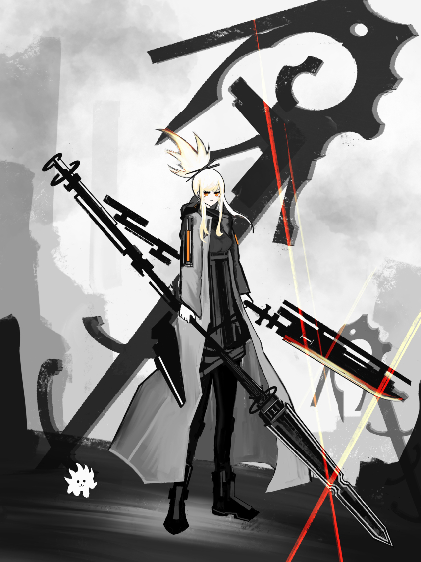 1girl :3 absurdres blonde_hair dual_wielding highres holding holding_weapon huge_weapon looking_at_viewer orange_eyes original outdoors ponytail riz_kira solo standing weapon