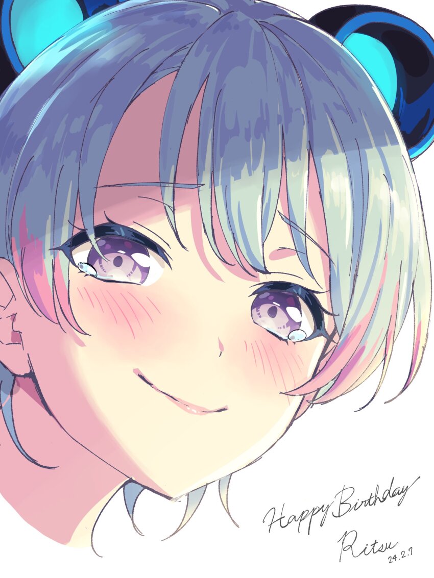 1girl absurdres bang_dream! bang_dream!_mugendai_mewtype blue_hair blush dated double_bun hair_bun happy_birthday highres looking_at_viewer minetsuki_ritsu nobusawa_osamu purple_eyes short_hair smile tears upper_body virtual_youtuber
