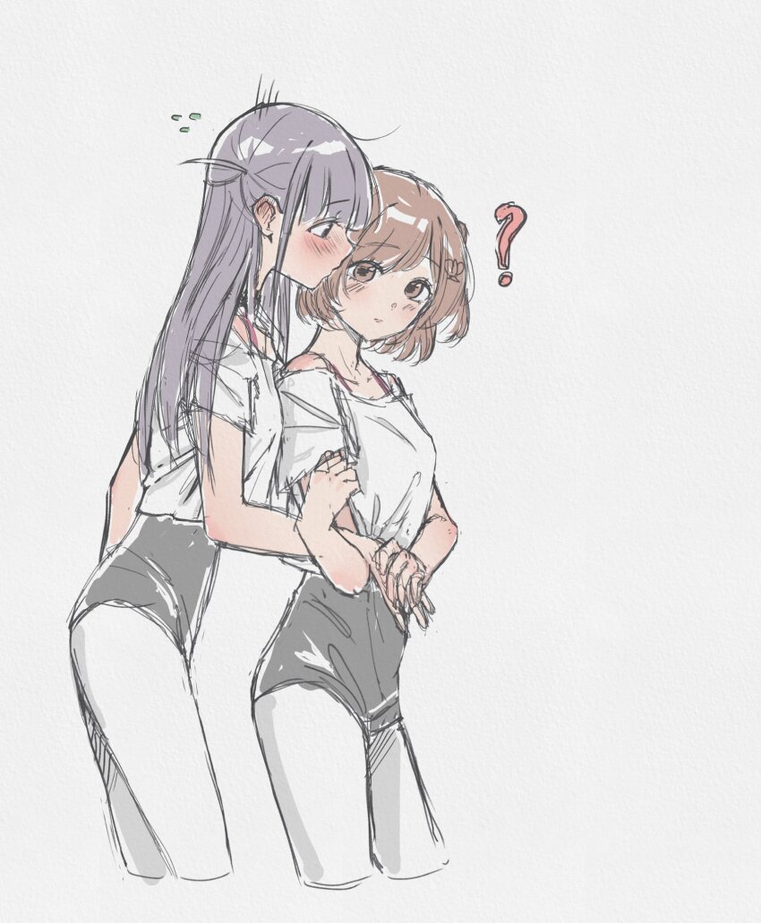 2girls ? aijou_karen black_shorts blush bra_strap brown_eyes brown_hair commentary ear_blush flying_sweatdrops grey_background highres holding_hands long_hair multiple_girls mxhxrxx off-shoulder_shirt off_shoulder pantyhose pantyhose_under_shorts purple_hair shirt short_hair short_sleeves shorts shoujo_kageki_revue_starlight simple_background smile tsuyuzaki_mahiru white_pantyhose white_shirt yuri