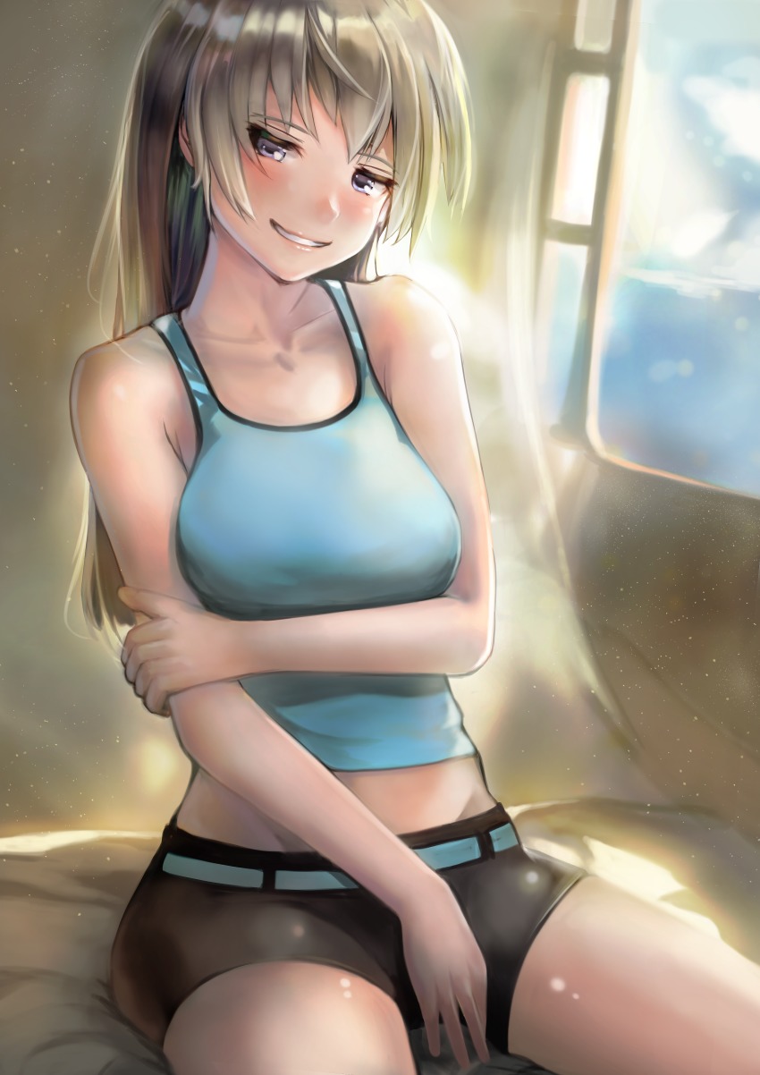 1girl absurdres collarbone comic-z commission eila_ilmatar_juutilainen female_focus highres long_hair purple_eyes silver_hair smile solo solo_focus strike_witches swimsuit world_witches_series