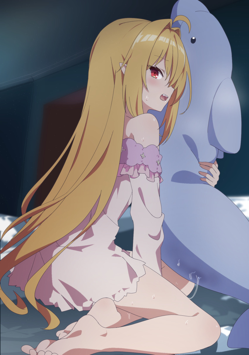 1girl ahoge bare_shoulders barefoot blonde_hair blush commentary_request fang feet from_behind hair_between_eyes hair_intakes highres hikikomari_kyuuketsuki_no_monmon holding holding_stuffed_toy indoors long_hair looking_at_viewer looking_back night on_bed open_mouth pajamas pink_pajamas pointy_ears profile red_eyes sidelocks sideways_glance sitting sleepwear soles solo straight_hair stuffed_animal stuffed_dolphin stuffed_toy suwakana sweat teeth terakomari_gandezblood toes upper_teeth_only very_long_hair yokozuwari