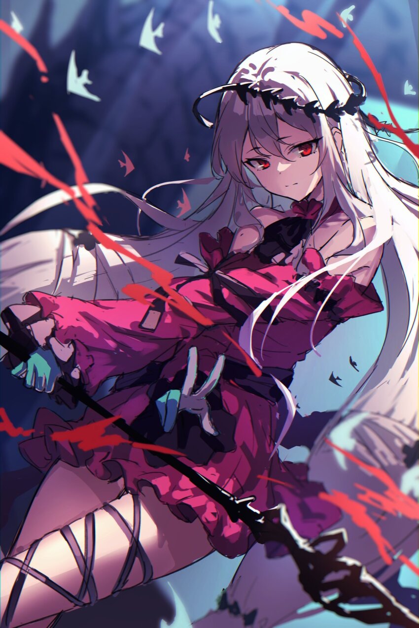 1girl angelfish arknights bare_shoulders blue_gloves circlet closed_mouth cowboy_shot detached_sleeves dress fish gloves grey_hair highres holding holding_staff long_hair long_sleeves looking_at_viewer monster red_dress red_eyes ryuudog skadi_(arknights) skadi_the_corrupting_heart_(arknights) solo staff thigh_strap tropical_fish v very_long_hair