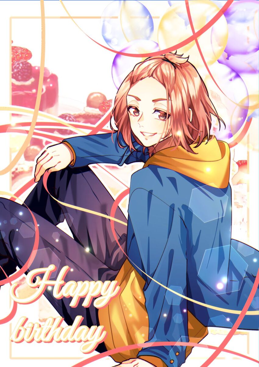 1boy arm_support bangs_pinned_back black_pants blazer blue_jacket border brown_eyes brown_hair buttoned_cuffs buttons cake commentary_request feet_out_of_frame food food-themed_background forehead fruit hair_ornament hairclip hexagon highres hood hoodie jacket jacket_over_hoodie kokuhaku_jikkou_iinkai long_sleeves looking_at_viewer looking_to_the_side male_focus open_clothes open_jacket open_mouth outside_border pants pink_ribbon ribbon shibasaki_ken short_hair sitting smile solo sophia_pie_12 strawberry turning_head white_background white_border yellow_hoodie