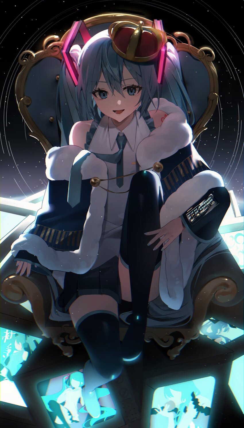 1girl absurdres aqua_eyes birthday black_footwear black_skirt black_thighhighs blue_necktie blue_trim collared_shirt commentary crown emduck hatsune_miku hatsune_miku_no_shoushitsu_(vocaloid) highres long_hair looking_at_viewer lying necktie night night_sky open_mouth pleated_skirt romeo_to_cinderella_(vocaloid) shinkai_shoujo_(vocaloid) shirt sitting skirt sky sleeveless sleeveless_shirt song_request songover star_(sky) television thighhighs throne tongue very_long_hair vocaloid white_shirt world_is_mine_(vocaloid) zettai_ryouiki