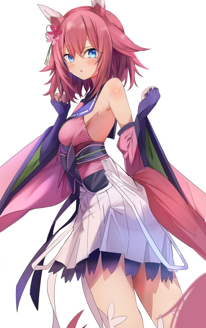 1girl animal_ears armpits blue_eyes blush breasts commentary_request detached_sleeves fingerless_gloves gloves hair_between_eyes hair_flaps hair_ornament highres horse_ears horse_tail looking_at_viewer mamezou_(tzakki023) medium_breasts medium_hair pink_hair sakura_chiyono_o_(umamusume) simple_background solo tail thighhighs thighs umamusume white_background