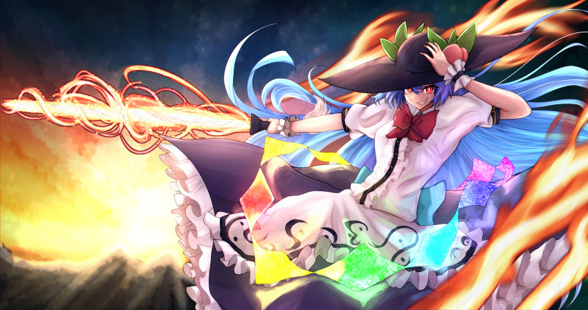 1girl absurdres apron black_hat blue_hair blue_skirt bow bowtie breasts center_frills cowboy_shot dark_background frilled_apron frilled_skirt frills glowing_clothes hand_on_headwear hat hat_ornament highres hinanawi_tenshi holding holding_sword holding_weapon leaf_hat_ornament long_hair looking_at_viewer open_mouth peach_hat_ornament puffy_short_sleeves puffy_sleeves red_bow red_bowtie red_eyes shirt short_sleeves simple_background skirt small_breasts solo sword sword_of_hisou teeth touhou very_long_hair weapon white_apron white_shirt yama_kabosu