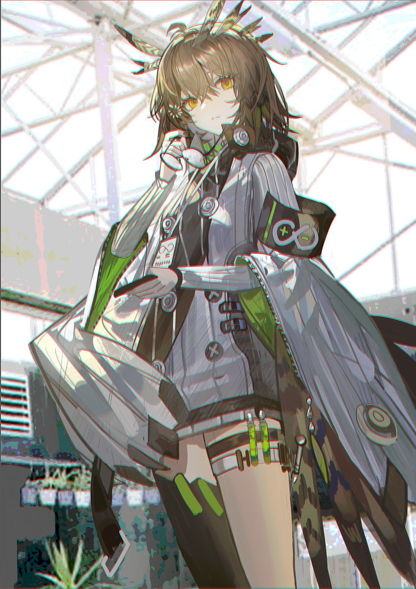 1girl ahoge arknights armband brown_hair brown_sweater collared_jacket commentary expressionless feather_hair feathers feet_out_of_frame from_below glasses hair_between_eyes highres holding holding_removed_eyewear id_card jacket lanyard long_sleeves looking_to_the_side owl_girl plumw rhine_lab_logo round_eyewear short_hair silence_(arknights) single_thighhigh solo sweater test_tube thigh_strap thighhighs thighs turtleneck turtleneck_sweater unworn_eyewear white_jacket wide_sleeves yellow_eyes