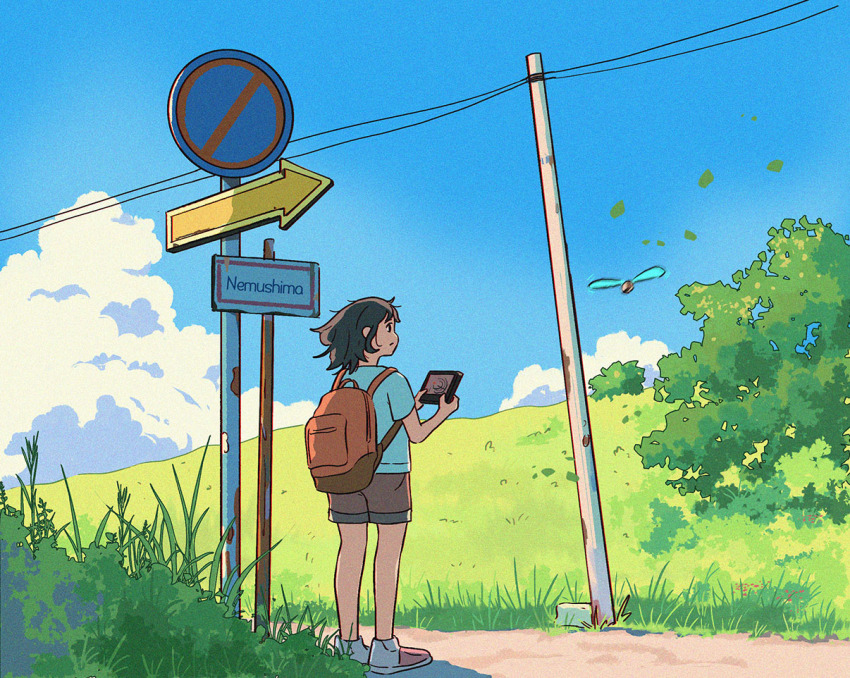 1girl aqua_shirt artist_name backpack bag blue_sky brown_bag brown_hair brown_shorts bug bush cloud commentary_request day drone falling_leaves field film_grain from_behind grass leaf medium_hair nemushima no_socks one_way_sign original outdoors power_lines road_sign scenery shirt shoes short_sleeves shorts sign sky solo standing summer sunlight t-shirt tablet_pc tree utility_pole wide_shot