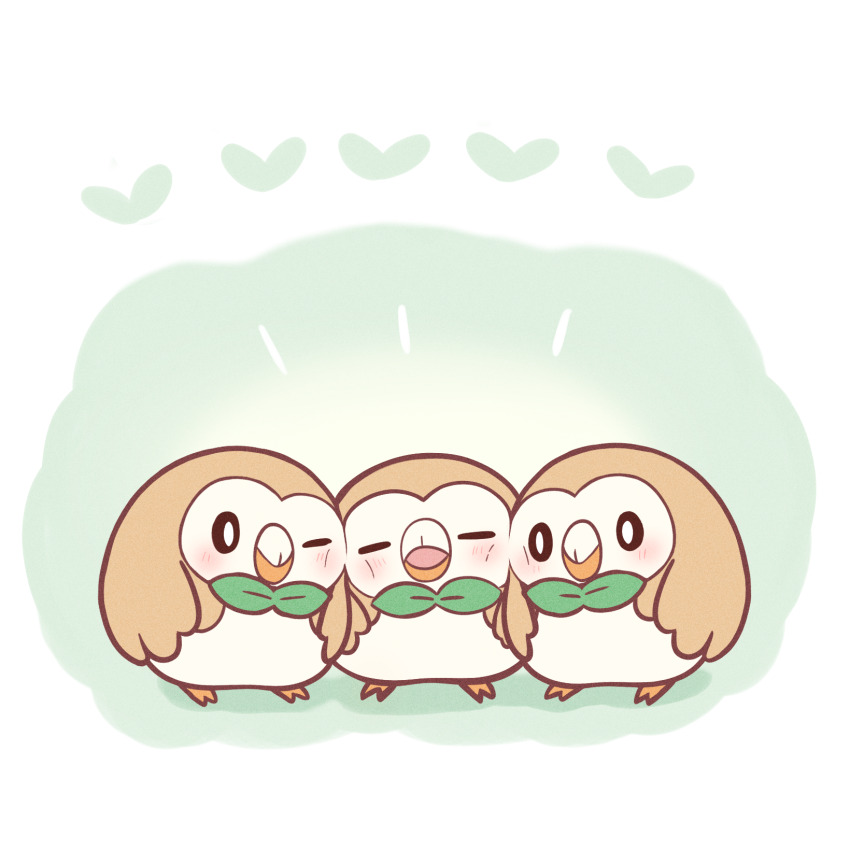 025sakura393 animal_focus bird blush bright_pupils closed_eyes closed_mouth commentary_request cuddling gen_7_pokemon heart highres looking_at_another nintendo no_humans open_mouth owl pokemon pokemon_(creature) rowlet white_pupils