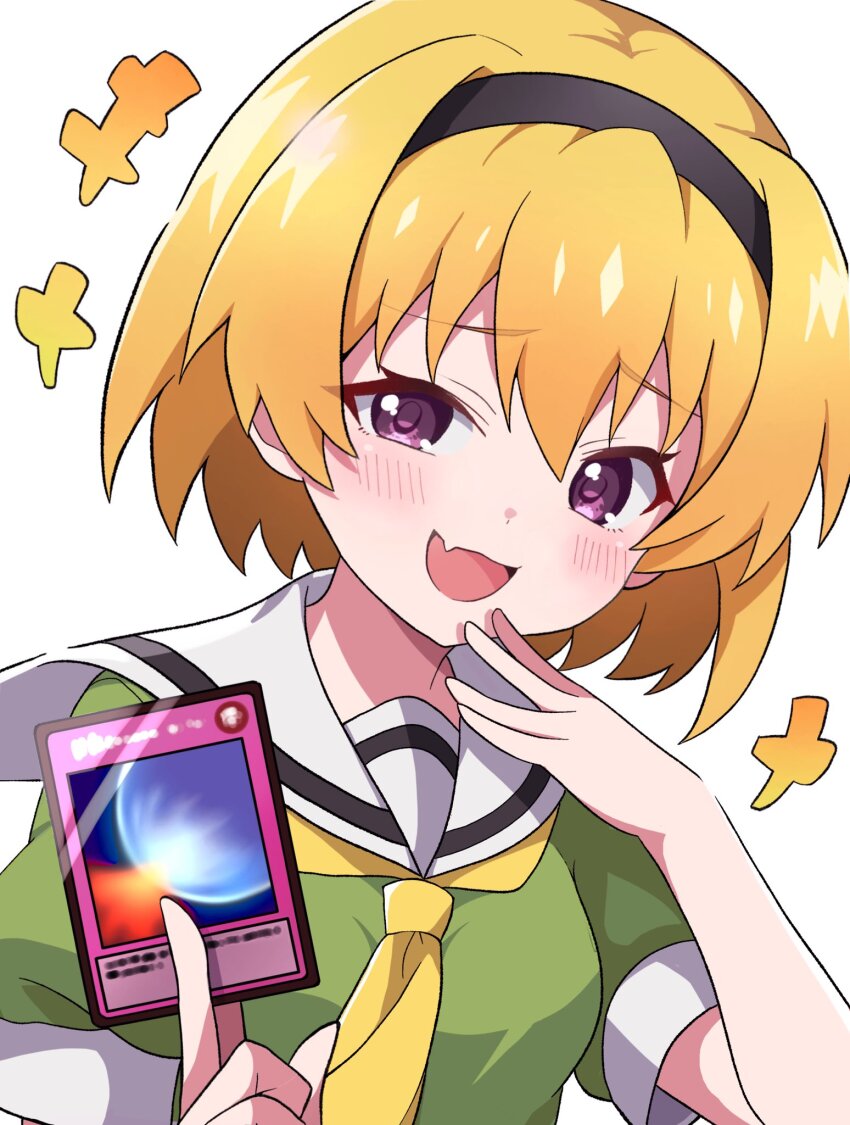 1girl :d black_hairband blonde_hair card fang green_shirt hairband half-closed_eye hand_on_own_face head_tilt highres higurashi_no_naku_koro_ni holding holding_card houjou_satoko looking_at_viewer mirror_force necktie niyane open_mouth purple_eyes sailor_collar shirt short_hair short_sleeves simple_background skin_fang smile smirk solo upper_body white_background white_sailor_collar yellow_necktie yu-gi-oh!
