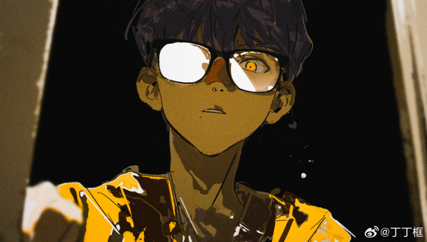 1boy ami_(fusheng_yi_xi) fusheng_yi_xi glasses grey_hair highres looking_at_viewer male_focus mole mole_under_mouth opaque_glasses partially_opaque_glasses portrait sheya_tin solo watermark weibo_username weibo_watermark yellow_eyes