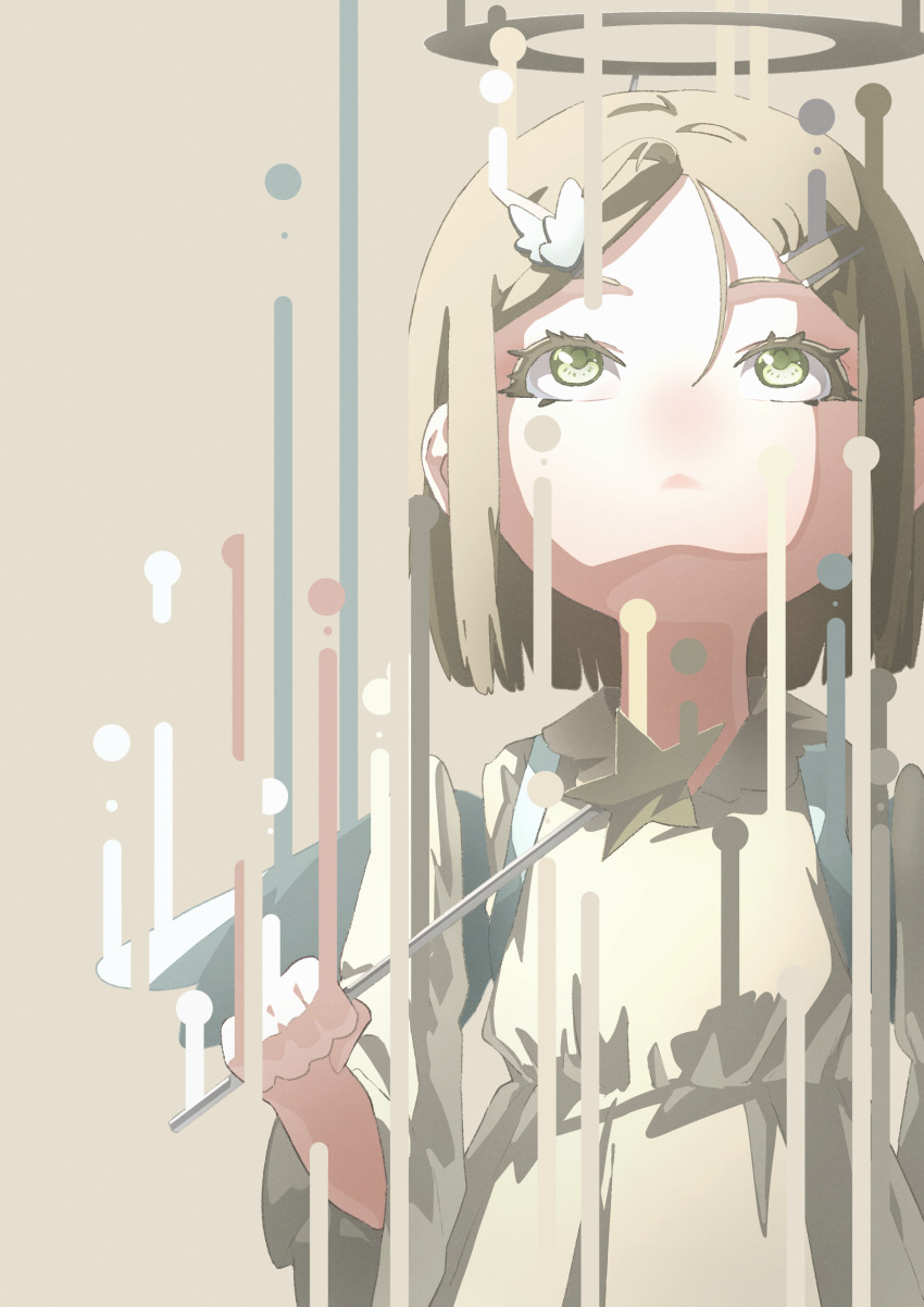 1girl absurdres brown_background brown_dress brown_hair closed_mouth commentary_request detached_arm dress fake_wings green_eyes hair_ornament hairclip halo highres holding holding_wand looking_up nico-tine original short_hair simple_background solo star_(symbol) star_wand upper_body wand wings