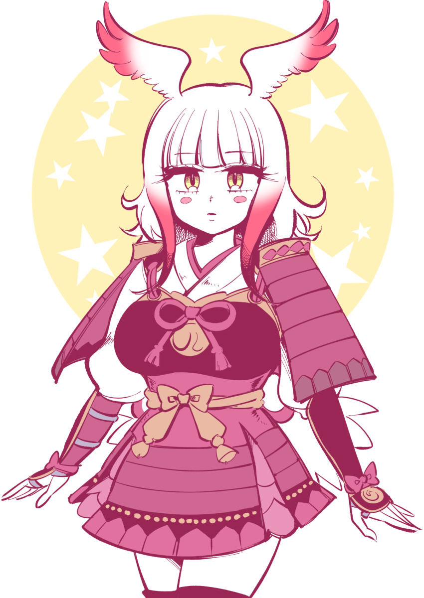 1girl armor blunt_bangs blush_stickers breasts crested_ibis dou empty_eyes head_wings highres japanese_armor japanese_clothes japanese_crested_ibis_(kemono_friends) kemono_friends kemono_friends_3 kote kurokote kusazuri large_breasts looking_at_viewer multicolored_hair official_alternate_costume red_hair shoulder_armor sode solo white_hair wings yellow_eyes yokuko_zaza